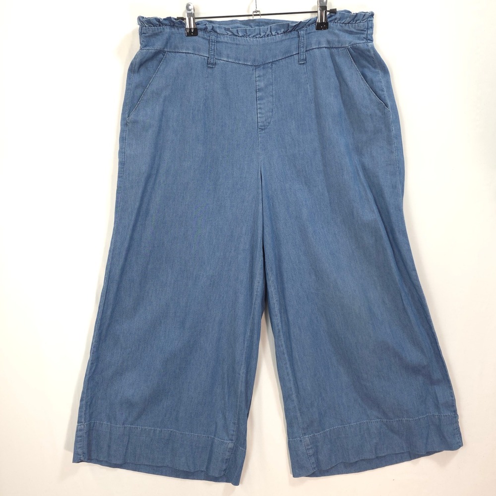 Hannah Culotte Pants Paperbag Waist Blue Women L Coastal Boho Wide Leg Gaucho